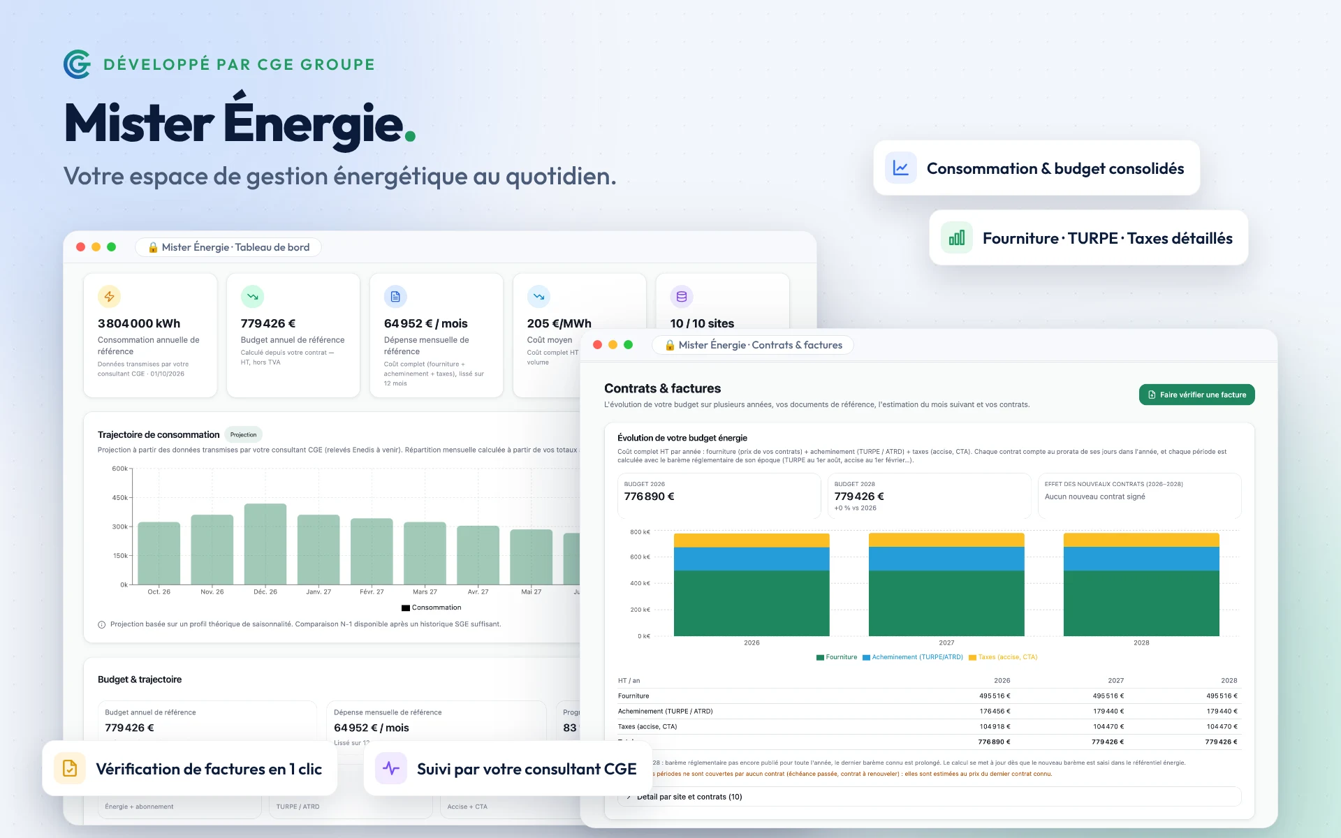 Espace client Mister Énergie développé par CGE Groupe : tableau de bord de consommation et budget, contrats et factures